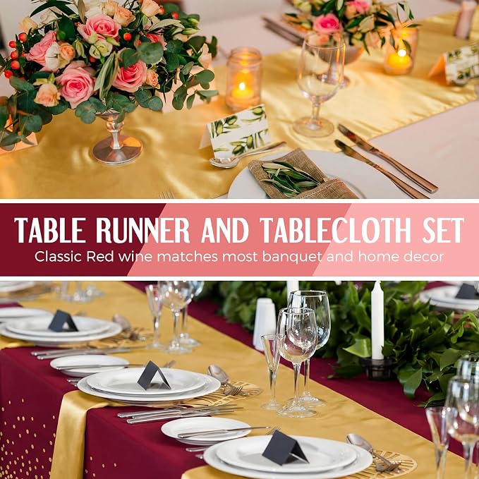 16 Pack Burgundy and Gold Disposable Plastic Tablecloths and Satin Table Runner - Image 3