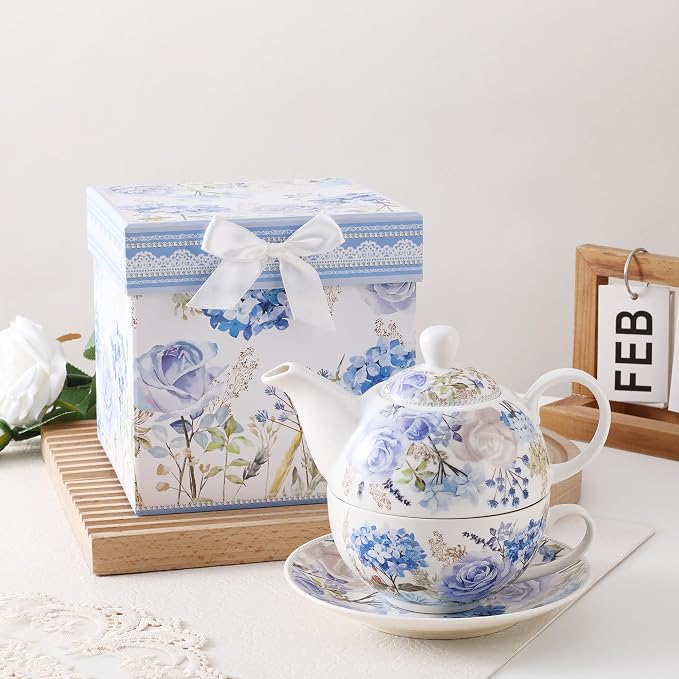 fanquare Blue and Purple Roses and Hydrangeas Porcelain Tea - Image 3