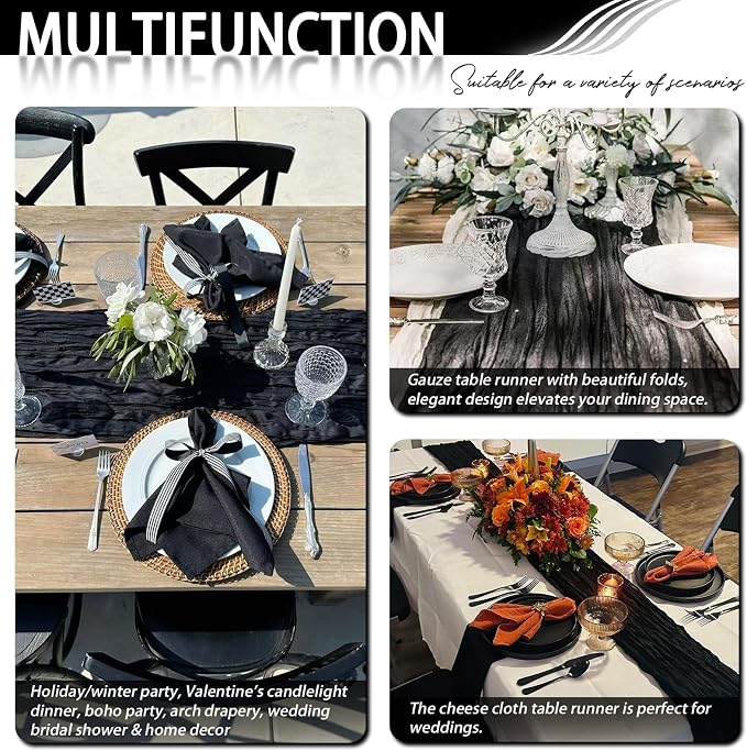 8 Pack Black Cheesecloth Table Runner 17x108 inch Boho Gauze Cheese Cloth Table - Image 7