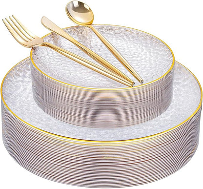 Rubtlamp 150Pcs Plastic Plates, Heavy Duty Clear Plates With Gold Rim, Hammered Gold Dinnerware Set Include 30 Dinner Plate, 30 Dessert Plate, 90 Plastic Silverware