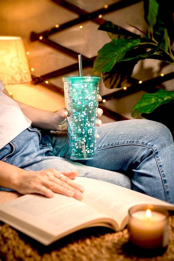 bzyoo 24oz Plastic Tumbler Cup, Lid & Straw, Iced Coffee Floral Mint | Double - Image 6