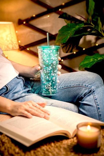 bzyoo 24oz Plastic Tumbler Cup, Lid & Straw, Iced Coffee Floral Mint | Double - Image 6
