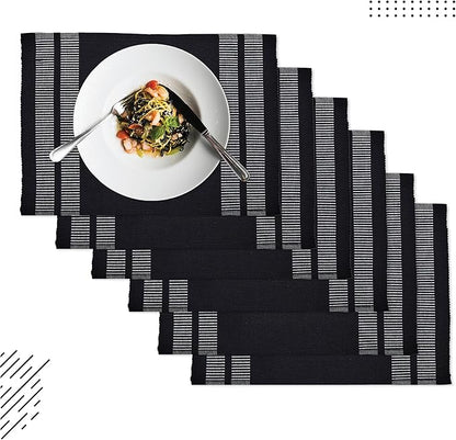 Encasa XO Dining Placemat Set of 6 | Ladder Black Color | Fine Ribbed Cotton Table mat | Size 18x13 in | Machine Washable