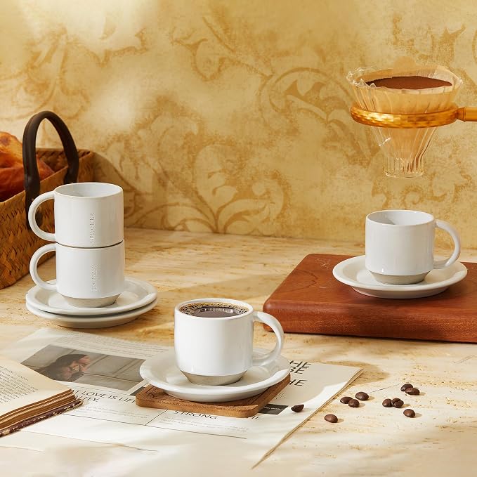 Oak Espresso Cups Set of 4, 3 oz Demitasse Cups, Modern Style, Microwave & - Image 4