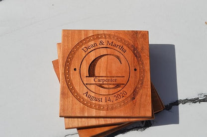 Personalized Wooden Coasters with Monogram, Wedding Date Engraved, Family Name- Choice of Wood (Split Letter Monogram)