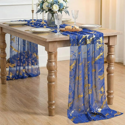 Artoid Mode Marble Pattern Dark Blue Gauze Table Runner 10FT, Glitter Metallic - Image 3