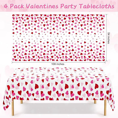 4 Pack Valentines Decorations, 108" X 54" Valentines Tablecloths, Heart-shaped Disposable Red Pink Tablecloths Love Plastic Table Cover, Galentines Decorations Party Supplies for Wedding Birthday