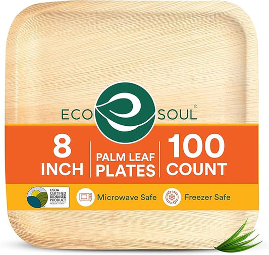 ECO SOUL Palm Leaf Plates 8"(100 Count) Square Compostable Bamboo Plates Heavy- Duty, Biodegradable Eco-Friendly Dinnerware for Party Dinner, Wedding, Holiday & Event