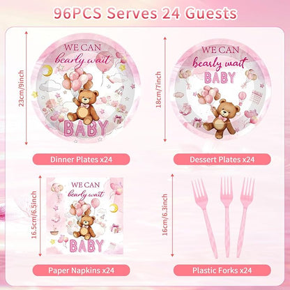 96 Pcs We Can Bearly Wait Baby Shower Decorations, Bear Tableware Set | - Image 2