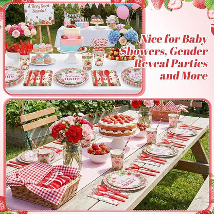 450 Pcs Strawberry Baby Shower Tableware Set Decoration, Serves 50 | A Berry - Image 5