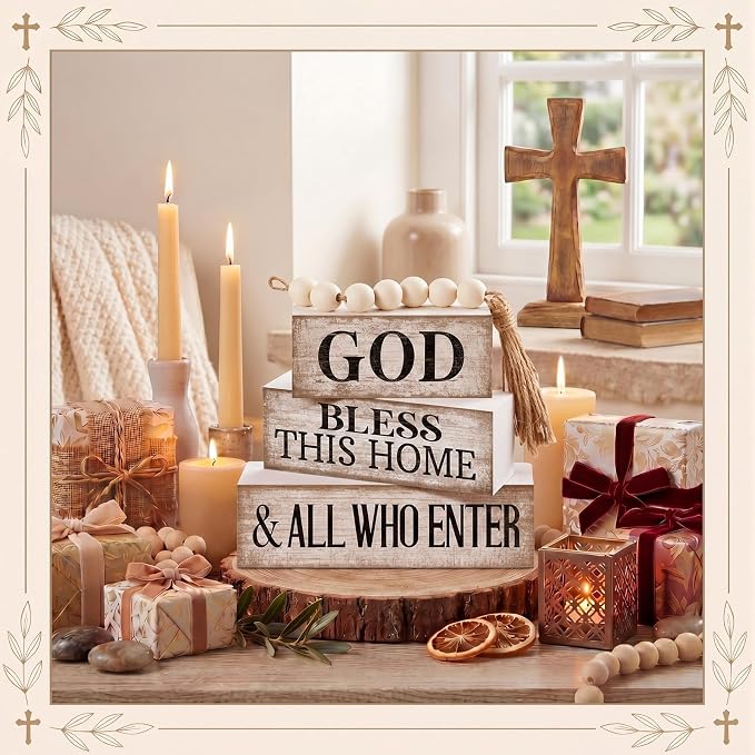 Moucuny 4 Pcs Christian Table Decor Rustic Wooden Block Sign Set - Image 7