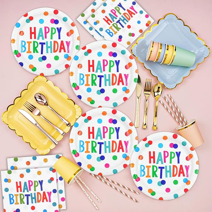 50PCS Birthday Plates and Napkins Party Decorations, 7inch Colorful Dots Happy - Image 6