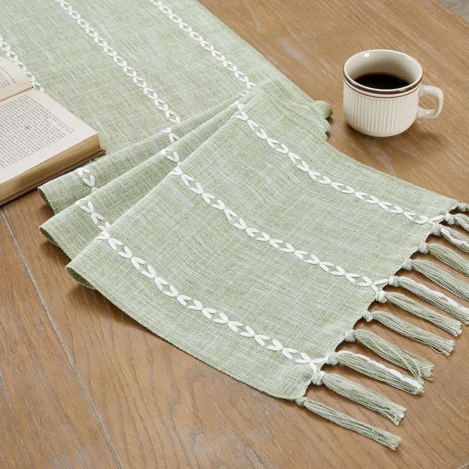 Wracra Rustic Linen Table Runner, Sage Green Table Runners 60 inches Long | - Image 4