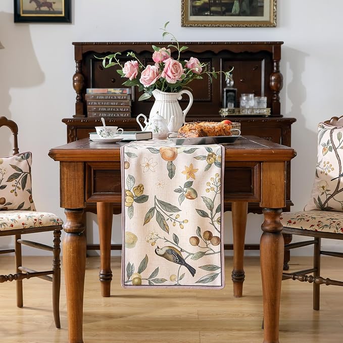 bilin gaier Designer Linen Extra Long Table Runner, Floral Fruit Pattern - Image 2