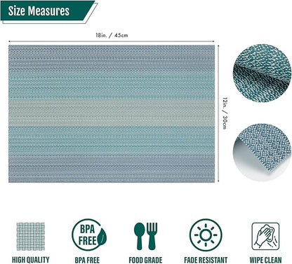 Winknowl Placemats, Set of 8 Heat Resistant Stain Resistant Woven Vinyl Insulation Placemats, Durable Washable Elegant Table Mats for Dining (Blue)