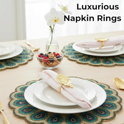 CLEENTABLE Metal Napkin Rings Set of 12, Metal Napkin Holder Cuffs for Dinner Table Décor, Thanksgiving Leaf Farmhouse Modern Serviette Rings for Christmas, Weddings, Receptions, (Gold)