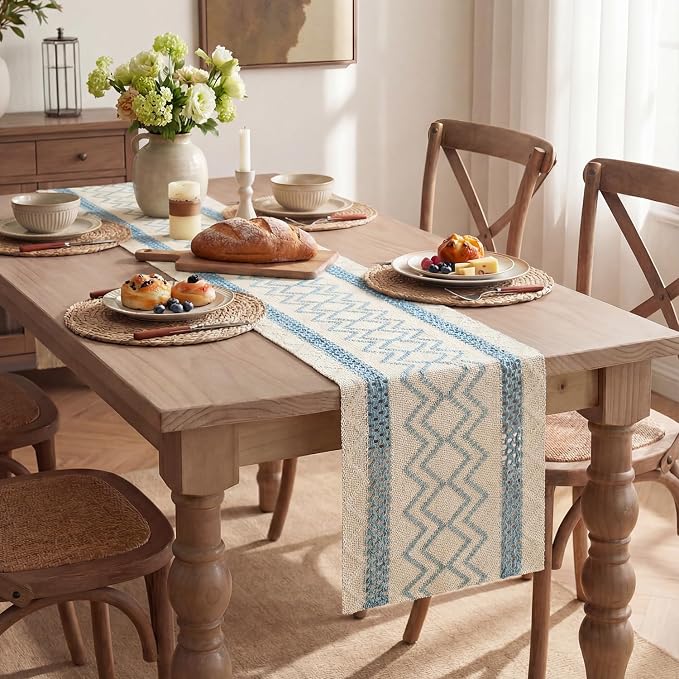 Artoid Mode Sky Blue Stripe Diamond Woven Table Runner 12x72 Inch | Holiday - Image 5
