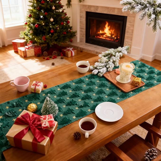 Christmas Trees Table Runner Soft Plush Faux Fur Green Tree - Image 7