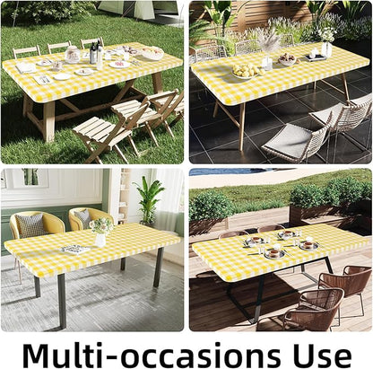 Smiry Rectangle Picnic Table Cloth, Elastic Waterproof Fitted Vinyl Tablecloths, Flannel Backed Buffalo Plaid Table Covers for Dining, Camping, Outdoor (White and Yellow, 36" x 96")