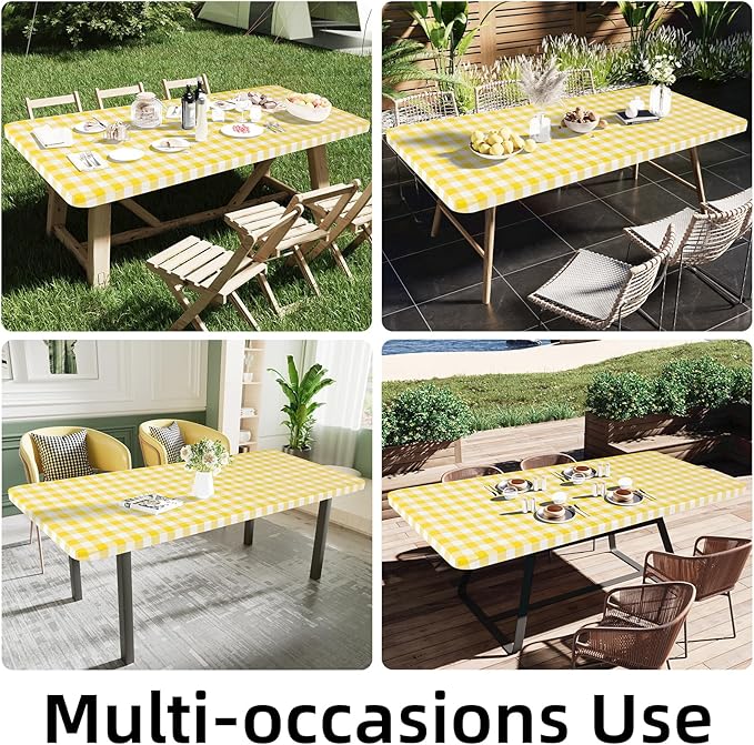 Smiry Rectangle Picnic Table Cloth, Elastic Waterproof Fitted Vinyl Tablecloths, Flannel Backed Buffalo Plaid Table Covers for Dining, Camping, Outdoor (White and Yellow, 36" x 72")