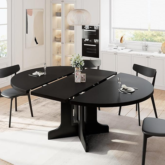 iPormis 59" Extendable Round Dining Table for 4-6, Modern Kitchen Table with Heavy Duty Pedestal Base & Wooden Top, Oval Dinner Table, Dining Room for Dining Living Room, Easy Assembly, Black