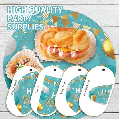 96Pcs Teal Blue Gold Birthday Party Decorations, Serves 24 | Teal Blue Gold - Image 6