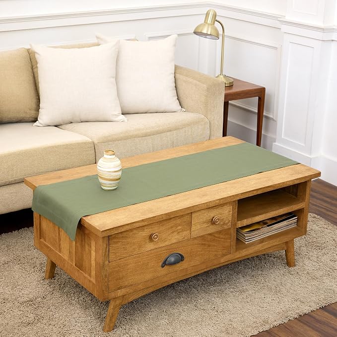Solino Home 100% Pure Linen Table Runner Oil Green Woven, Fete 14 x 60 in | by SolinoHome