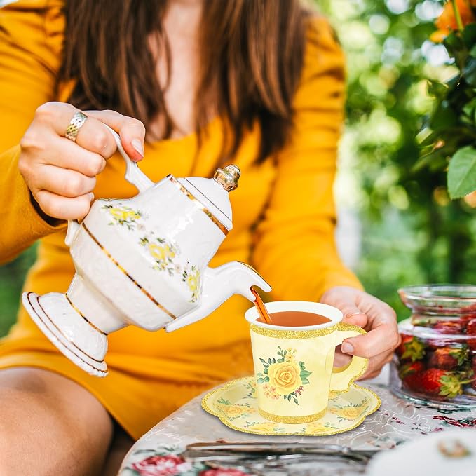 48 Sets Floral Paper Tea Cups and Saucers Disposable Tea Party Supplies - Image 5