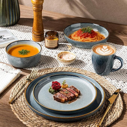 GBHOME 16 Pieces Double Bowls Ceramic Dinnerware Sets for 4, Stoneware Plates and Bowls Set with Reactive Glaze, Scratch Resistant Stoneware Dishes Set, Dishwasher & Microwave Safe