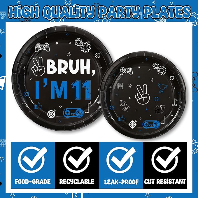 96Pcs 11th Birthday Party Plates Supplies Bruh I’m 11 Years Old Blue Black - Image 3