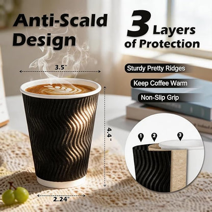 MOUMOULIFE 12 oz Disposable Paper Coffee Cups, 50 Pack, Leak-Proof Insulated - Image 3