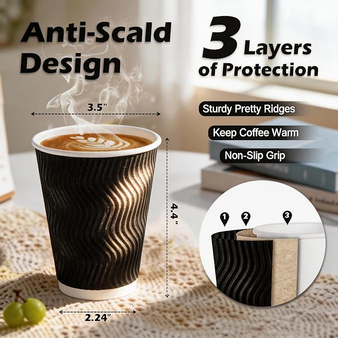 MOUMOULIFE 12 oz Disposable Paper Coffee Cups 100 Pack, Leak Proof Insulated - Image 3