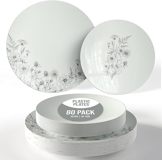 Trendables Disposable Dinnerware Decorative Plates Plastic Disposable Plates Set For 40 Guests 40 x 8 Inch Dessert Plate & 40 x 10 Inch Wedding Party Plate Set Dandelion Bloom