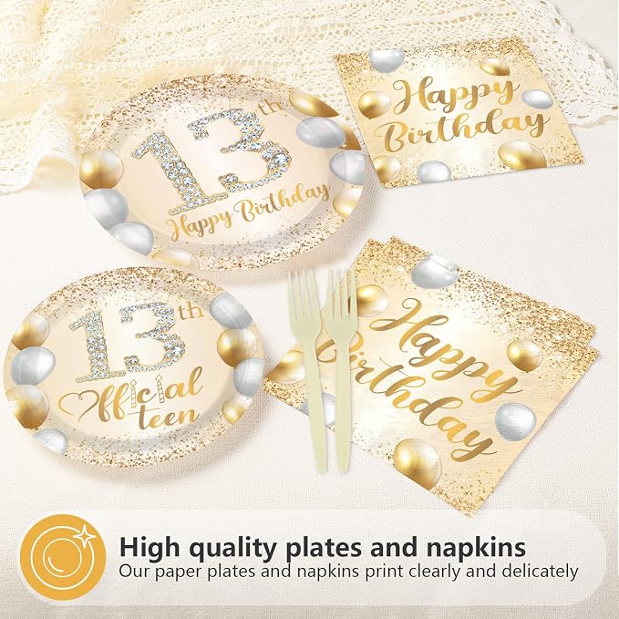 96Pcs White Gold 13th Birthday Party Decorations, Serves 24 | Official 13 Teen - Image 2