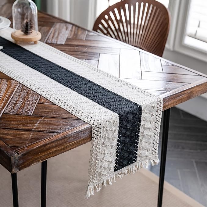 Macrame Table Runne Beige and Black Boho Table Runners - Image 3