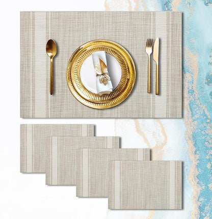 Placemats Set of 4 Vinyl Washable Linen ColorPlacemats, 18"x12" Wipeable Heat-Resistant Non-Slip Easy Clean Table Mats Ideal for Dining Table Table Runner and Outdoor(4, Linen Wide Stripe)