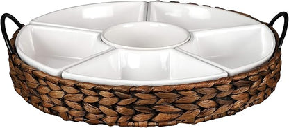 Serving Tray and Serving Dishes, RANDEFURN 7-Set Gold Platters for Parties,15.5 x 15.5 inches, Divided Serving Trays & Platters, Portable Handle,Gold