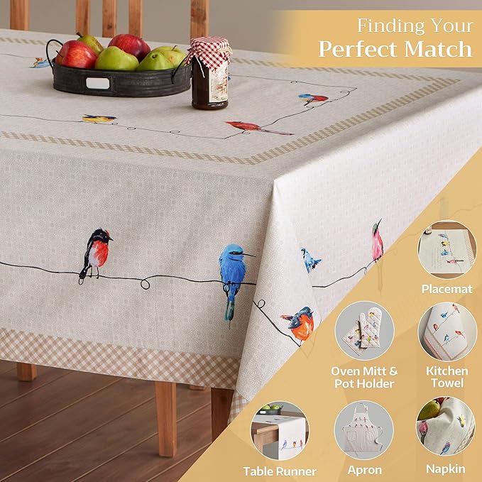 Maison d' Hermine Table Cloth Square Table 100% Cotton 54 x 54 Inches Tablecloth Reusable Decorative for Dining Room Farmhouse Home Valentines Day Decorations Spring Summer - Birdies on Wire