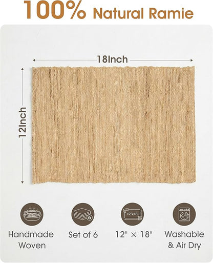 Handmade Ramie Placemats Set of 6, 12"x18" Eco-Friendly Natural Woven Table Mats for Dining Table, Heat-Resistant & Washable Natural Fiber Placemats for Kitchen, Farmhouse, Boho & Home Decor