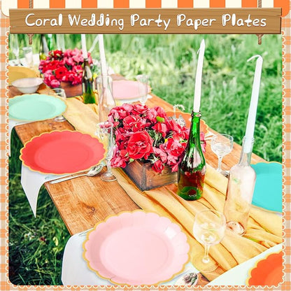 48 Pcs Colorful Coral Paper Plates 9 Inch Pastel Rainbow Scalloped Paper Plates Disposable Dinner Dessert for Birthday Wedding Bridal Party Supplies, 6 Colors