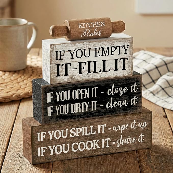 Moucuny 4 Pcs Rustic Wooden Table Decor Farmhouse Kitchen Rules Wood Sign Black - Image 8