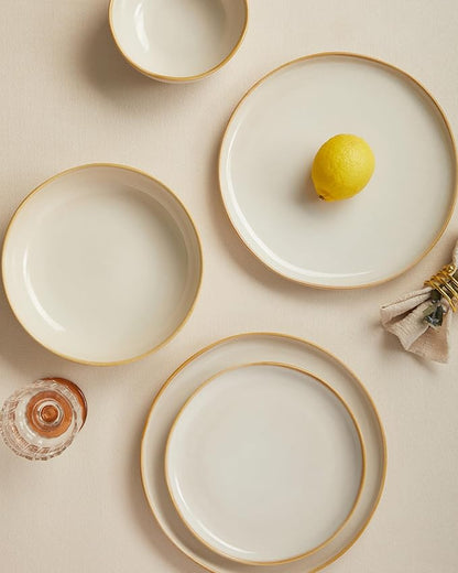 24 Pieces Dinnerware Set for 6 with Pasta Bowls, Complete Ceramic Dish Set, Stackable & Glossy Stoneware Plate and Bowl Set for Effortless Everyday Hosting, Yellow White