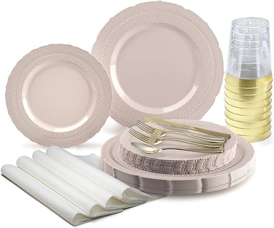 " OCCASIONS " 640pcs set (80 Guests)-Extra Heavyweight Vintage Wedding Disposable/Reusable Plastic Plates (80 x 11'' + 80 x 8.25'')+Silverware+Cups+Napkins (Chateau in Pink Blush)