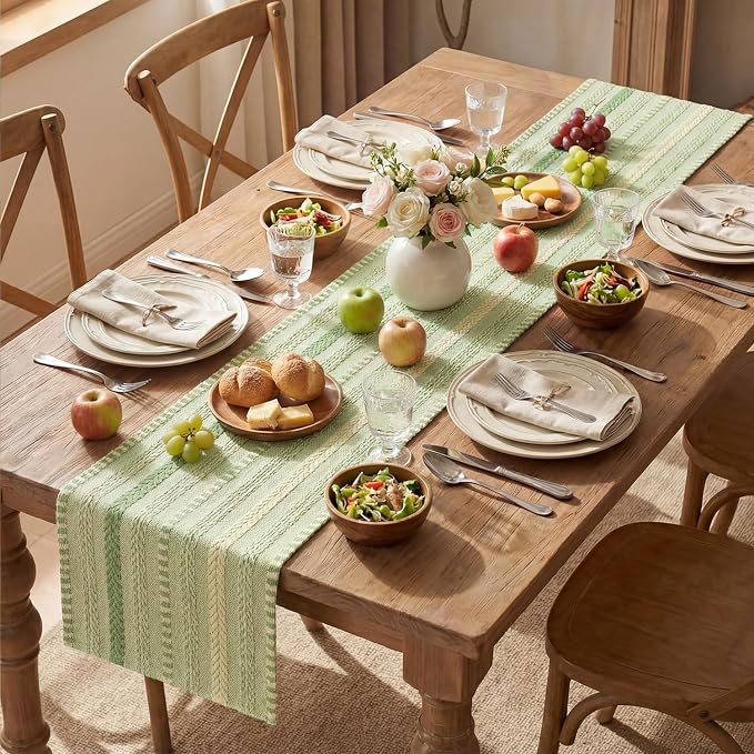 Artoid Mode Sage Green Farmhouse Stripe Braided Table Runner 12x120 Inch | - Image 5