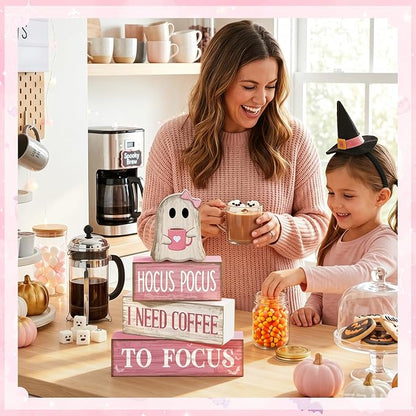 Moucuny 4 Pcs Pink Halloween Table Decorations Coffee Ghost Wooden Stacked - Image 4
