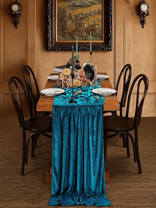 Peacock Blue Velvet Table Runner 29x120 Inch Luxury Retro Thick Runners | 10ft - Image 4