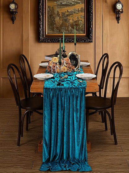 Peacock Blue Velvet Table Runner 29x120 Inch Luxury Retro Thick Runners | 10ft - Image 4