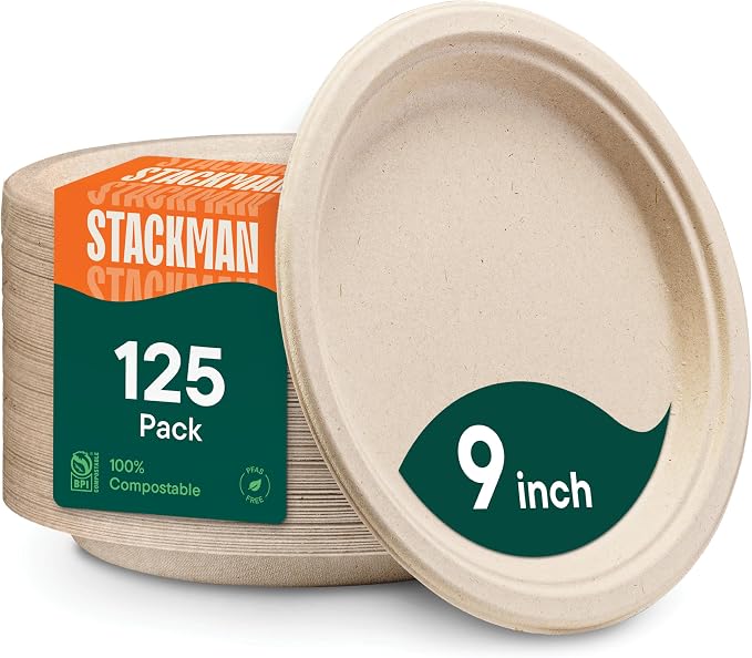 100% Compostable Paper Plates, Heavy Duty Disposable Plates 9 Inch Plates by StackMan