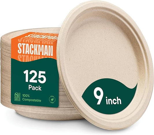 100% Compostable Paper Plates, Heavy Duty Disposable Plates [125-Pack] 9 Inch Plates - Eco-Friendly, Biodegradable Sugarcane Bagasse, Natural Unbleached Brown 9" Dinner Paper Plate Disposable