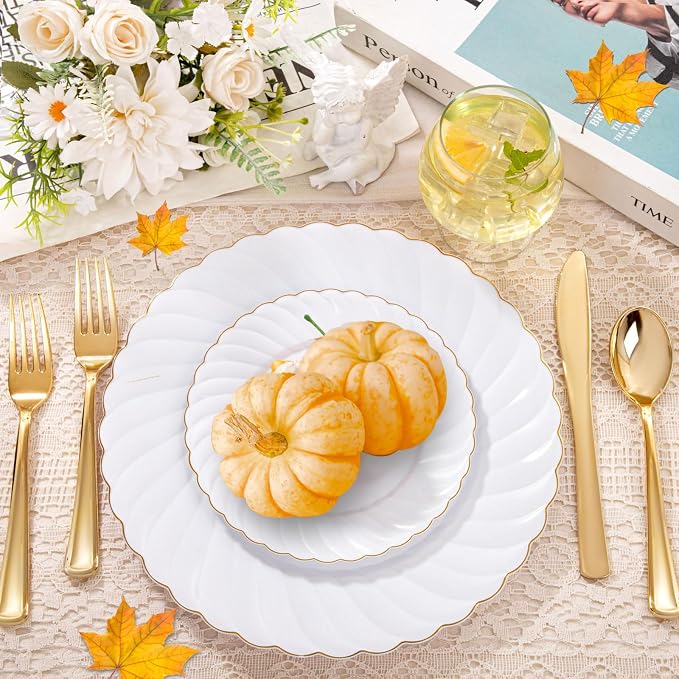 YOUBET 125PCS White and Gold Plastic Plates - Image 2